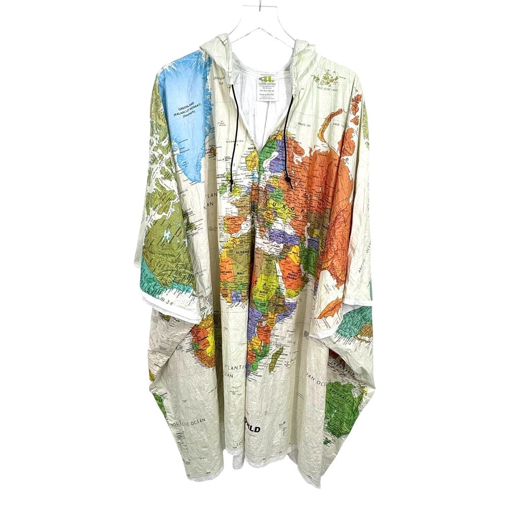 Leslie Jordan poncho world map hooded pullover Tyvek lightweight printed OSFA